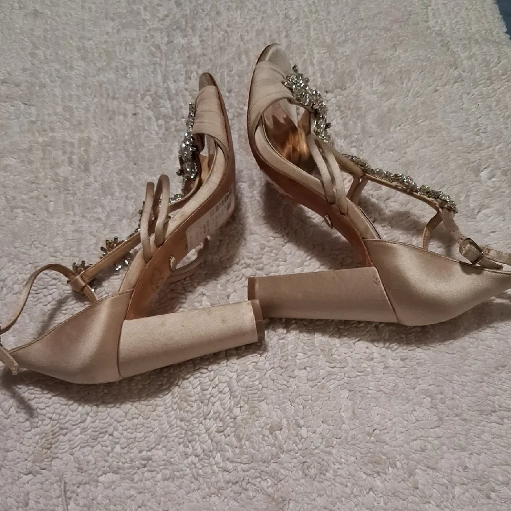 Badgley Mischka Champagne Satin Crystal T-Strap Heels - Picture 3 of 10